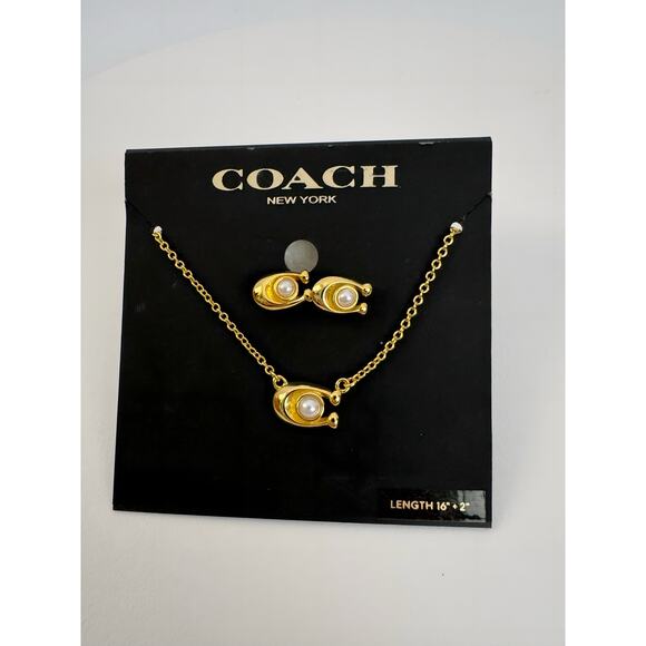 Coach Gold Pearl Signature C Pendant Necklace & Earrings set - NWT! - Picture 4 of 6